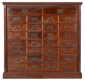 Large 19th Century English Walnut Apothecary Bank Drawers, 1890s