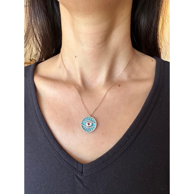 Diamond Halo Evil Eye Turquoise 18k Rose Gold Pendant Charm Medallion Necklace For Sale - Image 14 of 18