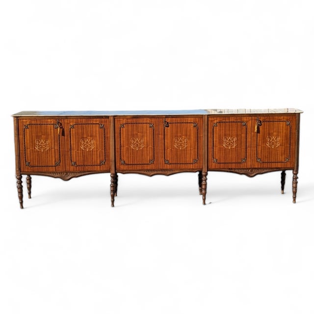 Antique Italian Buffet, Sideboard, Marble Top, Inlaid Wood. A substantial antique Italian buffet or sideboard featuring a...