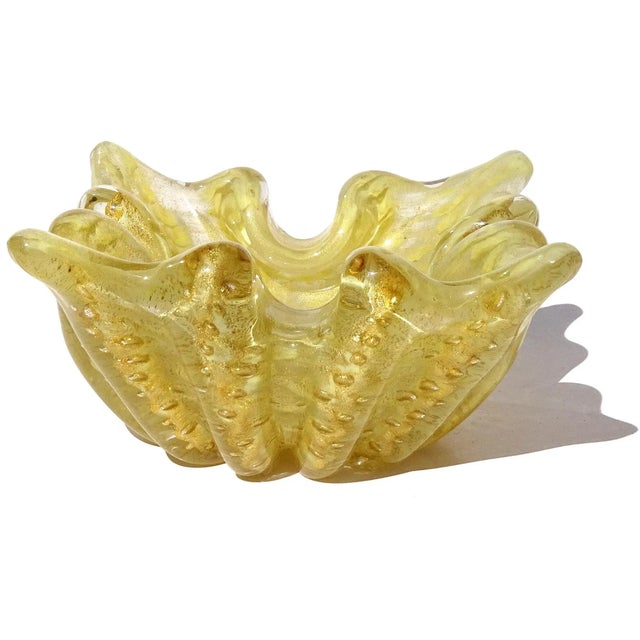 Mid-Century Modern Murano Barovier Toso Vintage Yellow Gold Flecks Control Bubbles Italian Art Glass Spike Bowl Ashtray For Sale - Image 3 of 8