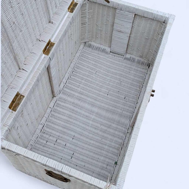 Coastal Vintage White Wicker Storage Trunk With Brass Hardware, Coastal, Rattan For Sale - Image 3 of 17