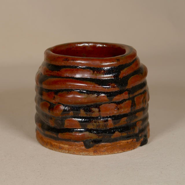 Brick Red Hand-Thrown Sculptural Wabi Sabi Studio Stoneware Vessel With Iron Red and Charcol Glaze For Sale - Image 8 of 11