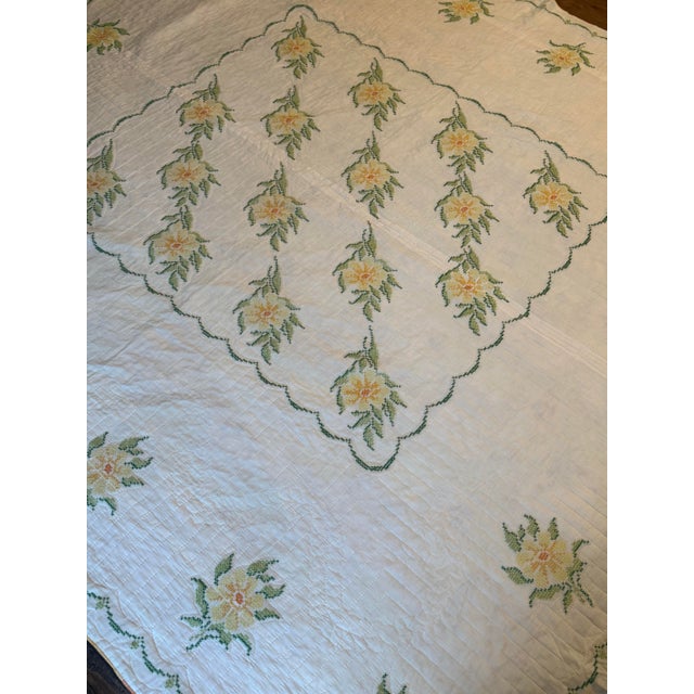 Textile Antique Handmade Embroidered Quilt – Floral Folk Art Bedspread, Reversible, 92” X 95” For Sale - Image 7 of 13