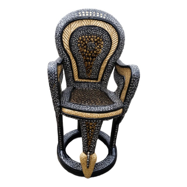 Bamileke Peacock Chair | African Royal Handcrafted Luxury Chair, Black & Gold Statement Seat, Tribal Décor, King Chair, Sculptural Furniture For Sale