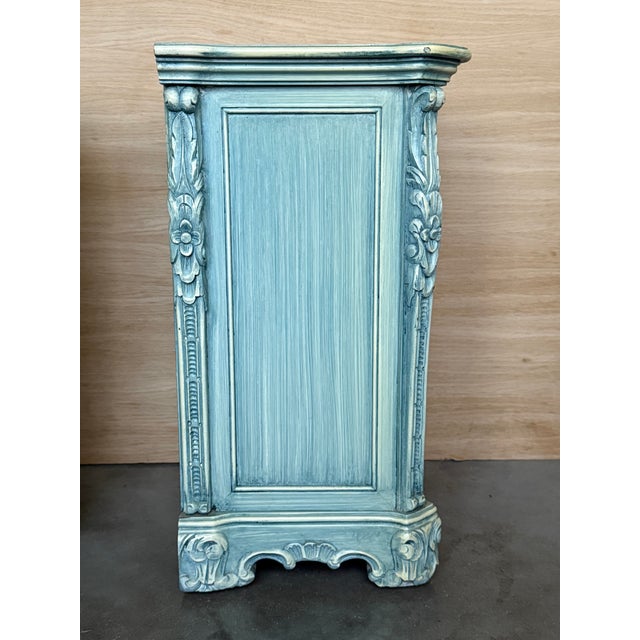 1950s Pair of Solid Wood Carved Turquoise Nightstands With Five Drawers, Signed For Sale - Image 11 of 13