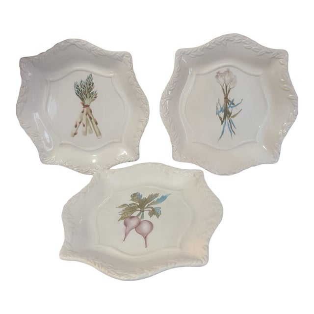 Vintage Charter Club Home Tabla Square Scalloped Edge Vegetable Plates- Set of 3 For Sale