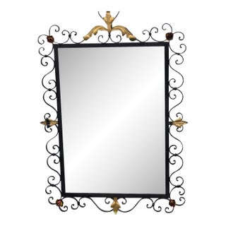 Vintage 1930s American Handmade Wrought Iron Wall Mirror Hand Painted Floral Dec For Sale