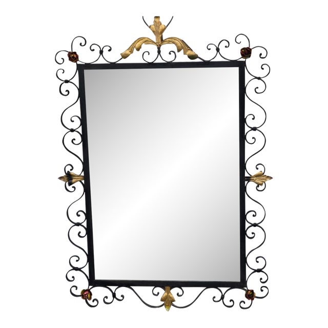Vintage 1930s American Handmade Wrought Iron Wall Mirror Hand Painted Floral Dec For Sale