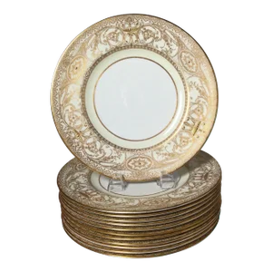 English Raised Gilt Porcelain Dinner Service Plates - Set of 12