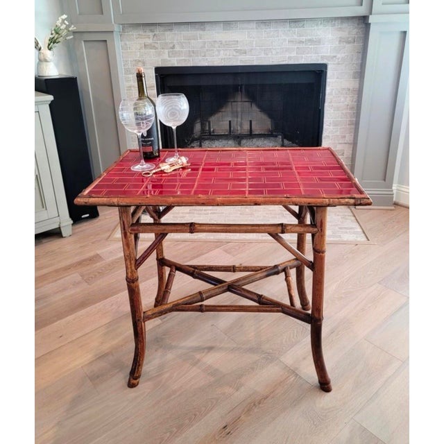 19th Century Victorian Era Chinoiserie Japonism Bamboo Burgundy Red Ceramic Tiled Tray Table For Sale - Image 16 of 17