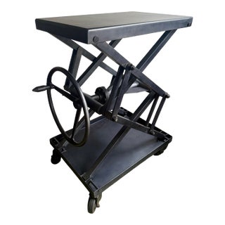 Restoration Hardware Scissor Lift Table Black Steel 14”-42.5” High, 19.5x31” Table Top For Sale
