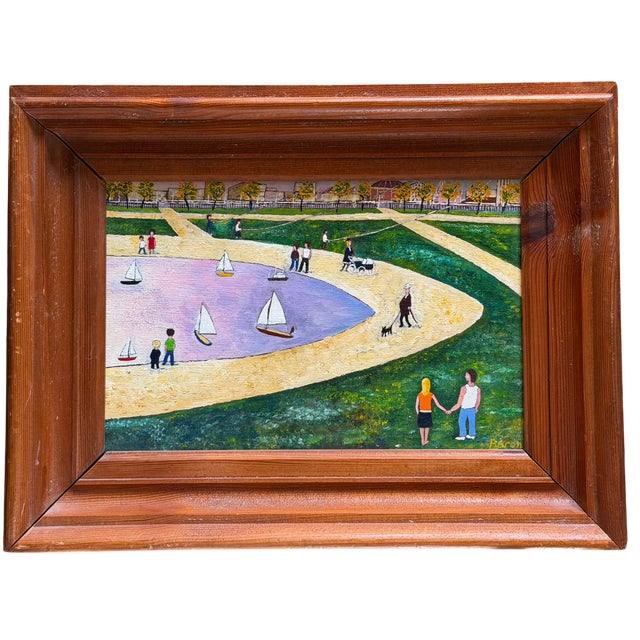 Folk Art American Folk Art Painting of Pond Yacht Park by Baron For Sale - Image 3 of 5