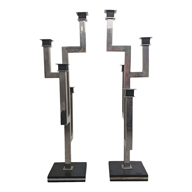 Pair of Late 20th Century Chrome Geometric Candelabras For Sale