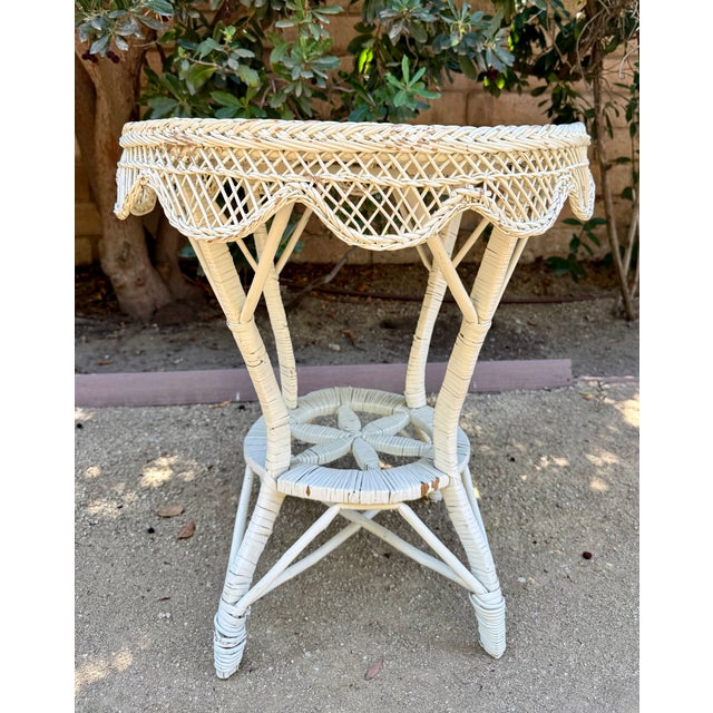Vintage White Wicker and Rattan Side Table With Scalloped Skirt For Sale - Image 15 of 15