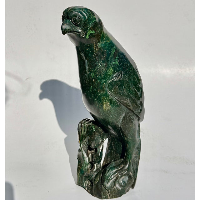 Chinese Hardstone Parrot Sculpture, Green Stone Bird Figure on Scholar Rock Base For Sale - Image 9 of 10