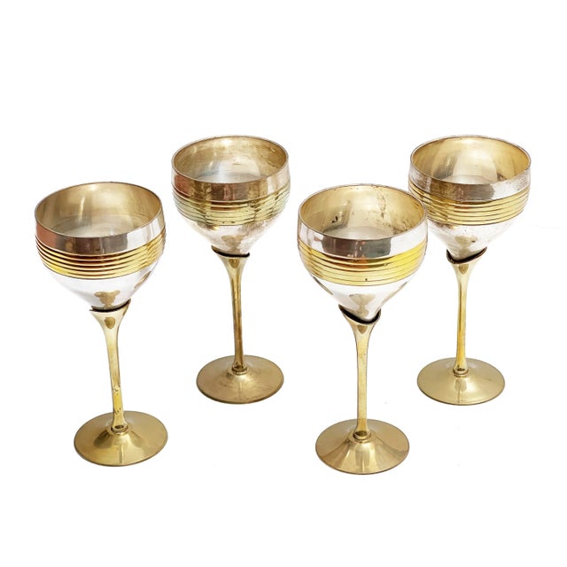 Mid-Century Modern Vintage Ultra Mod Two Tone Silver & Brass Tall Stemmed Wine Glasses - 4 Pieces For Sale - Image 3 of 3