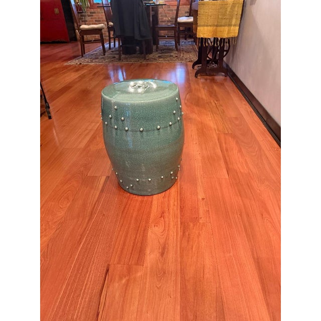 Mid 20th Century Celadon Crackle Glaze Ceramic Garden Stool / Accent Stool For Sale - Image 4 of 5