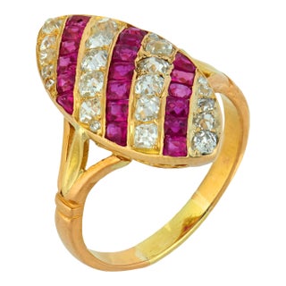 Early 20th Century Victorian Old Mine Cut Diamond Ruby 14k Rose Gold Navette Ring, Size 7.75 For Sale