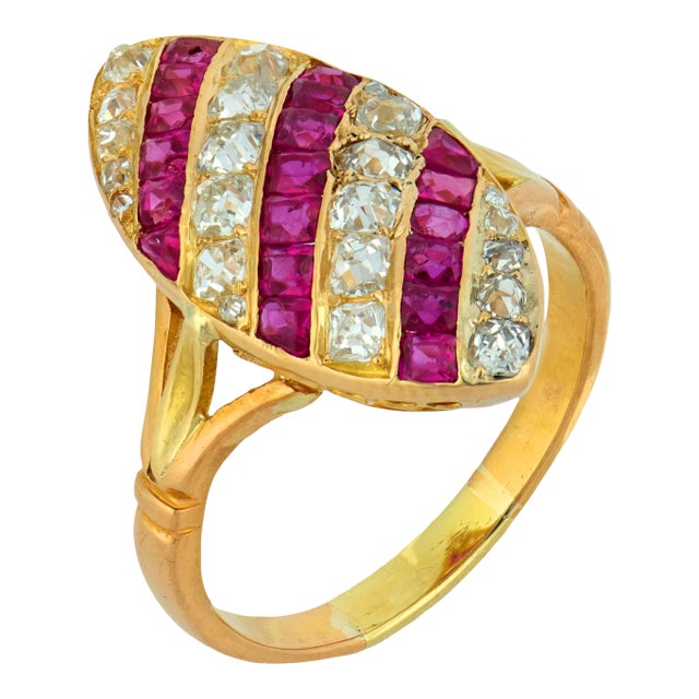 Early 20th Century Victorian Old Mine Cut Diamond Ruby 14k Rose Gold Navette Ring, Size 7.75 For Sale
