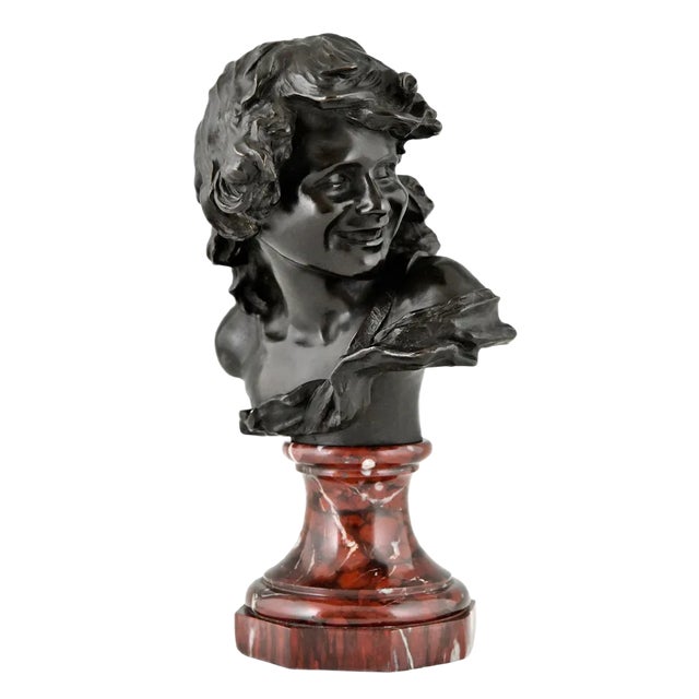 Antique Bronze Bust of a Smiling Child by Jean Antoine Injalbert, France, 1900s For Sale