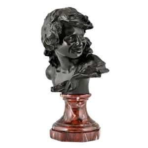 Antique Bronze Bust of a Smiling Child by Jean Antoine Injalbert, France, 1900s