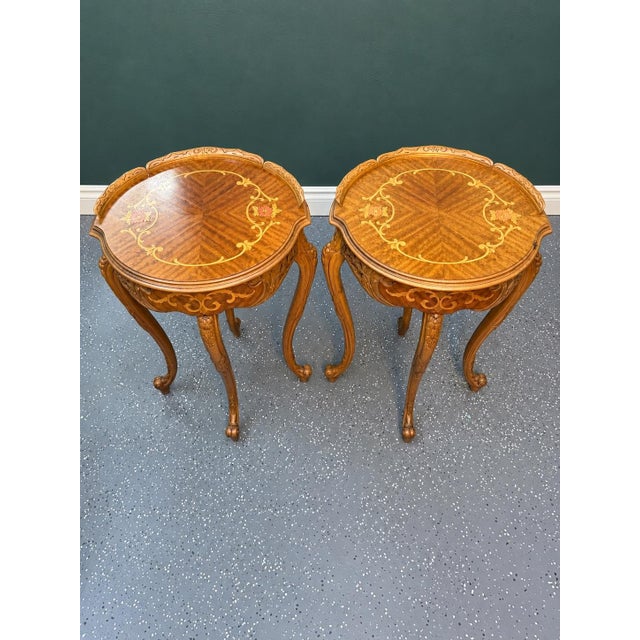 French 20th Century French Louis XV Carved Yew and Mahogany Floral Marquetry Side Tables (Pair) For Sale - Image 3 of 9