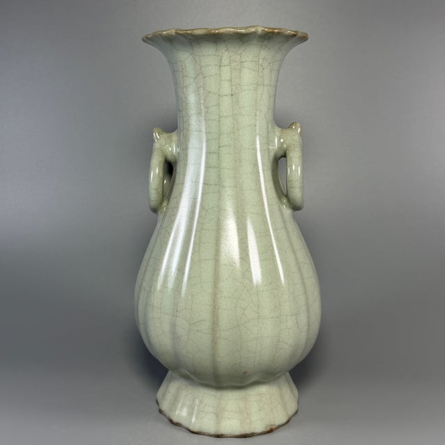 Vintage‑Style Chinese Longquan Celadon Lobed Vase With Ring Handles For Sale - Image 4 of 6