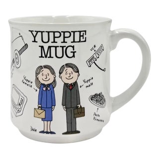 Vintage 1980s Yuppie Novelty Ceramic Coffee Cup Mug For Sale