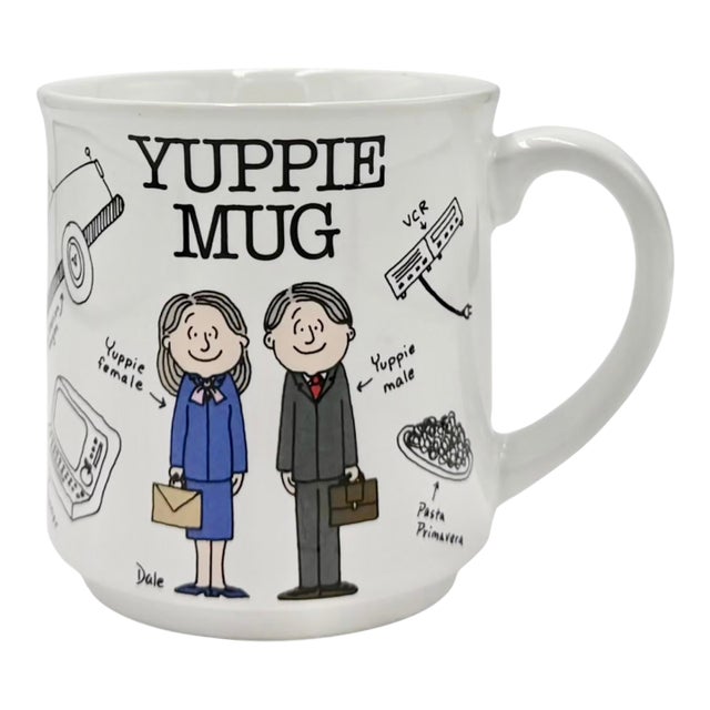 Vintage 1980s Yuppie Novelty Ceramic Coffee Cup Mug For Sale