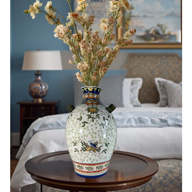 17+ In. Tall Chinese Jug Vase Stylized Blue Songbird, Fruit & Leaf Pattern For Sale - Image 10 of 18