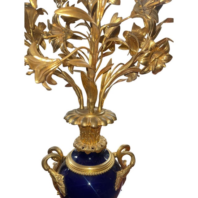 Metal Pair of French Bronze & Deep Cobalt Porcelain Candelabras. 19th Century. For Sale - Image 7 of 8