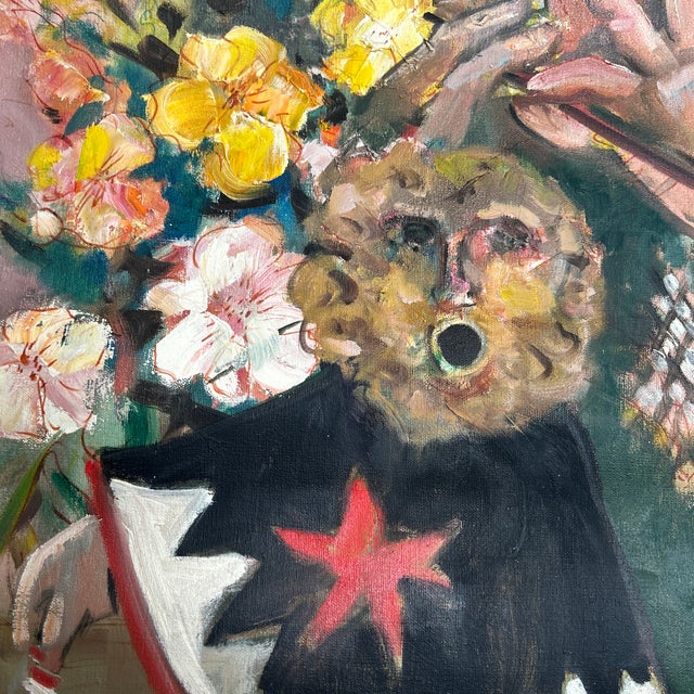 1950’s abstract expressionist surrealist figures & flowers painting on unstretched canvas. Possibly titled “Aiming at the...