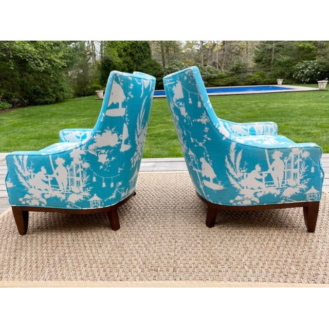 Robin's Egg Blue Custom Curved Wingback Chairs Upholstered in Thibaut, Set of 2 For Sale - Image 8 of 11