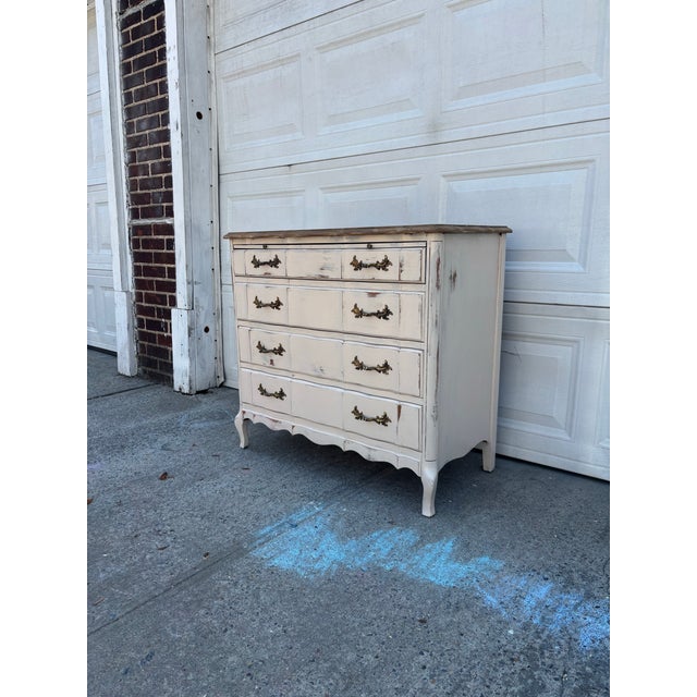 French Provincial Distressed Farmhouse Dresser | French Provincial Chest | Painted Cottage Dresser |Rustic White Wood Dresser | Vintage Bedroom Furniture For Sale - Image 3 of 12