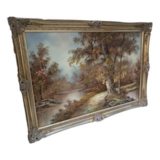 Large Vintage Landscape, Woodland, Oil Painting on Canvas, Gold Wood Frame, I Cafieri For Sale