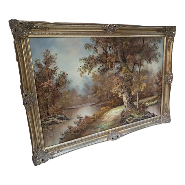 Large Vintage Landscape, Woodland, Oil Painting on Canvas, Gold Wood Frame, I Cafieri For Sale