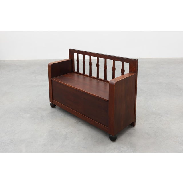 Wood Modernist Art Deco Bench with Lift-Top Storage Seat in Oak, Belgium, 1920s For Sale - Image 7 of 18