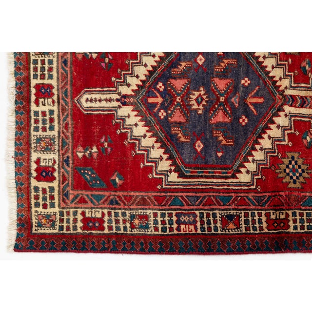 Brick Red Vintage Hand-Knotted Turkish Wool Runner Rug With Geometric Tribal Medallions in Crimson, Indigo, and Cream For Sale - Image 8 of 9