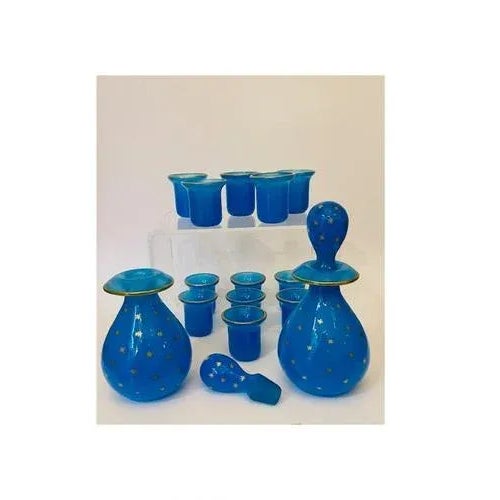 Gold Metal and Blue Opaline Liquor Service on Camel Stand, Set of 15 For Sale - Image 4 of 5