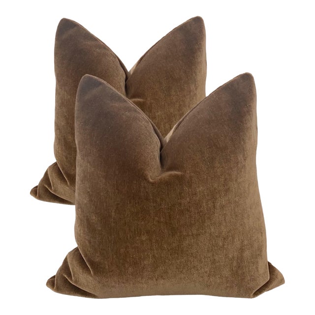 Plush Hickory Down Filled Mohair Pillows - A Pair For Sale