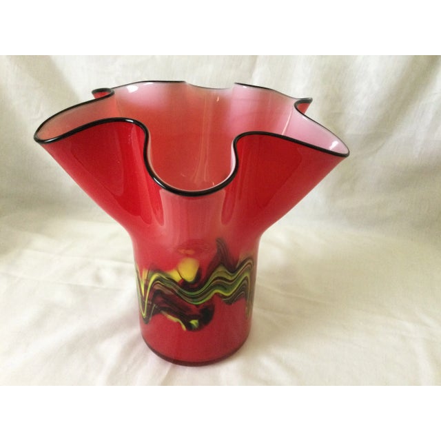 Mid century hand blown, cased, handkerchief/ fazzoletto style Italian art glass vase with multicolored black, green, and...