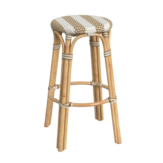 Beige Tobias 30 in. Seat Height Round Rattan Backless Bar Stool, Tan/White Stripe/ Natural Rattan Frame For Sale - Image 8 of 8
