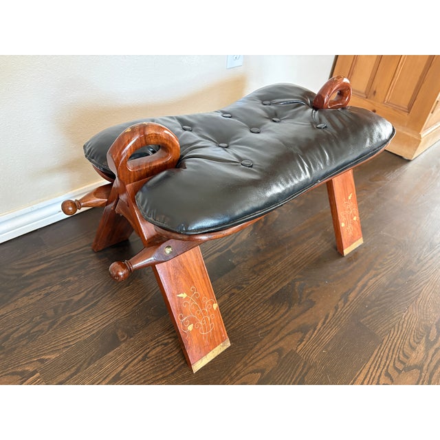 1970s Vintage South Asian Brass-Inlaid Wood Camel Saddle Stool For Sale - Image 5 of 5