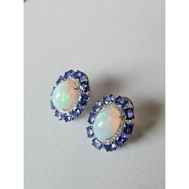 Modern Set in 18k White Gold, Ethiopian Opal, Tanzanite & Diamonds Modern Stud Earrings, Pair For Sale - Image 3 of 11