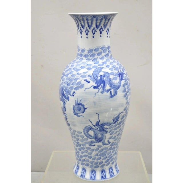 Chinoiserie Vintage Chinese Export Delf Style Blue and White Porcelain 25" Tall Dragon Vase For Sale - Image 3 of 11