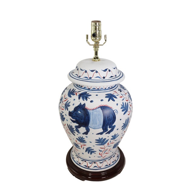 Ceramic Pair of Vintage Brunschwig & Fils Cadiz Table Lamps - Blue and Cream Ceramic With Boar and Deer Motif For Sale - Image 7 of 17
