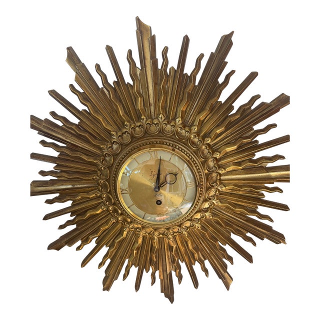 1960s Vintage Syroco Gold Sunburst Wall Clock 8 Day Jeweled (As Is Decorative) For Sale