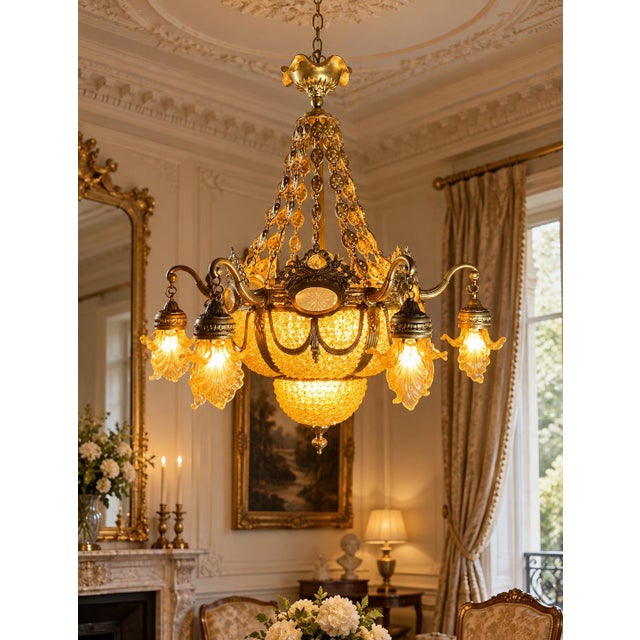 1970 French Artisan Louis XVI Gold Bronze Chandelier For Sale - Image 4 of 18