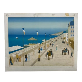 Vintage Francois Ledan Folk Art Ocean Landscape Lithograph by Fanch For Sale