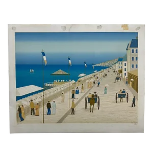 Vintage Francois Ledan Folk Art Ocean Landscape Lithograph by Fanch